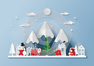 Paper art, Craft style of Santa Claus and friends in the village with word XMAS
