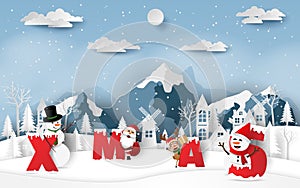 Paper art, Craft style of Santa Claus and friends with word XMAS in village countryside