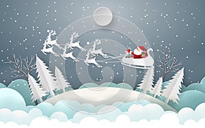 Paper art, Craft style of Santa Claus and reindeer flying on the sky to give children a gift