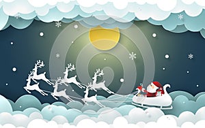 Paper art, Craft style of Santa Claus and Reindeer on the sky, Merry C