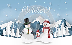Paper art, Craft style of Snowman`s family in Christmas day, Winter season