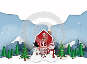 Paper art, Craft style of Snowman`s family with red house in Christmas day