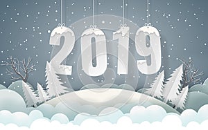 Paper art, Craft style of Winter season , Merry Christmas and Happy New Year 2019