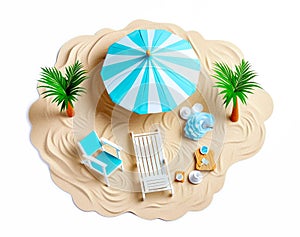 Paper art, cut beach chairs, umbrella and palms on sand. Summer sea vacation concept background. Created with generative Ai