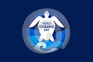 Paper art and cut concept of World Oceans Day. Celebration dedicated to help protect sea earth and conserve water ecosystem. Blue