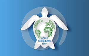 Paper art and cut concept of World Oceans Day. Celebration dedicated to help protect sea earth and conserve water ecosystem. Blue
