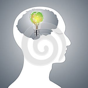 Paper art , cut and craft style of Earth tree light bulb in the human brain background as business design investment creative idea