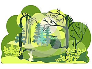 Paper art, cut and craft style of Green forest wildlife with nature layers. Isolated on white background. Wild animals