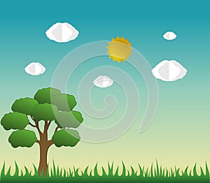 Paper art cut design with Cloud and tree on landscape, Blue sky with clouds and sun.