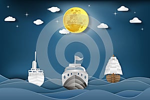 Paper art , cut and digital craft style of the boats on sea and full moon in the night as communication , transportation and