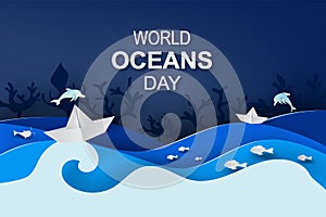 Paper art and cut style concept of World Oceans Day. Celebration dedicated to help protect sea earth and conserve water ecosystem