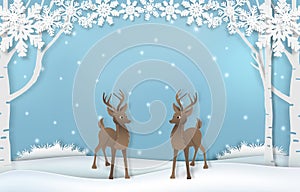 Paper art of cute reindeer with snow and snowflake background illustration