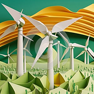 Paper art depicting renewable energy with green wind turbines and carbon-neutral energy goal by 2050