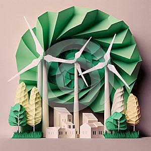 Paper art depicting renewable energy with green wind turbines and carbon-neutral energy goal by 2050