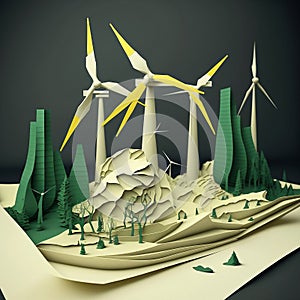 Paper art depicting renewable energy with green wind turbines and carbon-neutral energy goal by 2050