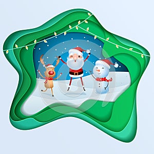 Paper art depth concept of christmas. Cheerful santa claus, snowman, reindeer are christmas companion. christmas snow scene.