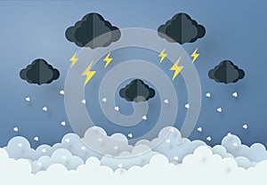 Paper art design style the concept is rainy season, Cloud and rain on dark background , vector design element illustration