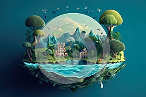 Paper art and digital craft style , World Green ecology City and Environmental friendly , Landscape with eco urban city