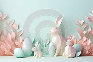 Paper art Easter bunny and eggs on a blue and pink pastel background. Easter template of paper figures with copy space.