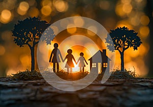 Paper art of family standing in front of house with sunlight in the morning