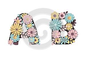 Paper art flower alphabet. Beautiful romantic gentle letters in pastel colors.