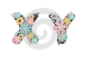 Paper art flower alphabet. Beautiful romantic gentle letters in pastel colors.