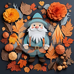 Paper Art Gnome With Oak Leaves And Autumn Flowers