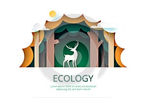 Paper art of green ecology.Protection wildlife and nature for environment conservation concept template background.Vector