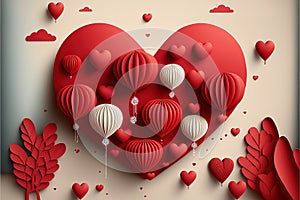 Paper art of group of red balloons combine to heart shape with doodles love icon and copy space, origami. Generative AI