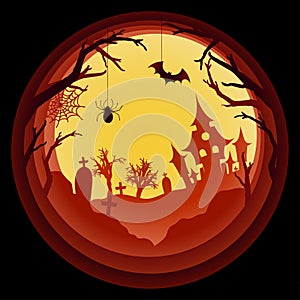 Paper art Halloween background with haunted house, cemetery with