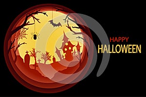 Paper art Halloween background with haunted house, cemetery