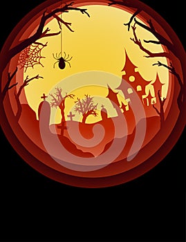 Paper art Halloween background with haunted house, cemetery