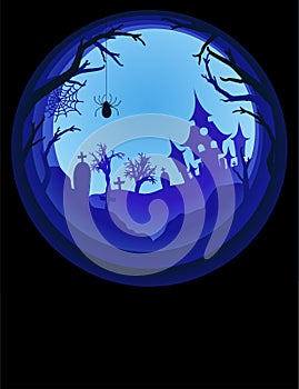 Paper art Halloween background with haunted house, cemetery