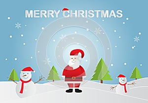 Paper art of happy Santa Claus with snowman and reindeer in snow forest with text MERRY CHRISTMAS. Vector illustration