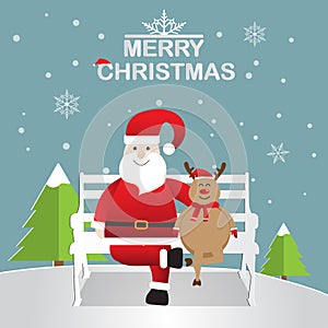 Paper art of happy Santa Claus with snowman and reindeer in snow forest with text MERRY CHRISTMAS