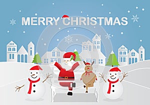 Paper art of happy Santa Claus with snowman and reindeer in snow forest with text MERRY CHRISTMAS. Vector illustration