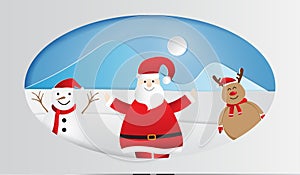 Paper art of happy santa claus with snowman and reindeer on winter snow forest background, Merry Christmas. Vector illustration