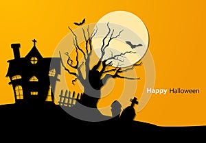 Paper art illustration of spooky church and tree in graveyard