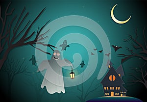 Paper art illustration of Spooky and Haunted house Halloween night background