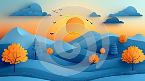 Paper Art Landscape Of Rolling Hills, Orange Trees, And A Setting Sun