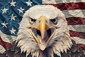 Paper art of layered Angry North American bald eagle over American flag. Vector illustration. Generative AI