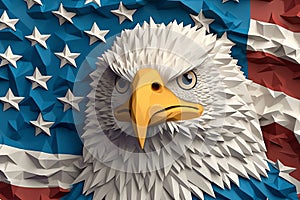 Paper art of layered Angry North American bald eagle over American flag. Vector illustration. Generative AI