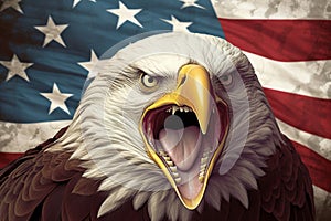 Paper art of layered Angry North American bald eagle over American flag. Vector illustration. Generative AI