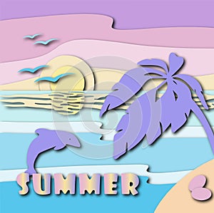 Paper art, layered illustration. paper cut Island palm trees, dolphin, summer