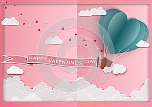 Paper art of love and Origami made air balloon heart shape flying with valentines day label.