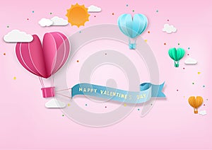 Paper art of love and Origami made air balloon heart shape flying with valentines day label.