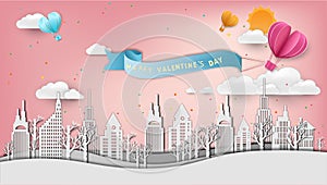 Paper art of love and Origami made air balloon heart shape flying with valentines day label.