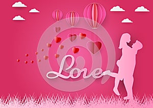 Paper art of love and red heart with pink background, origami and valentine`s day concept, vector art and illustration