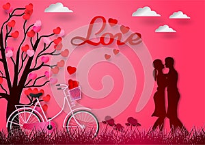 Paper art of with man and woman in love and red heart with pink background, valentine`s day concept, vector illustration