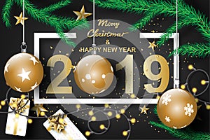 Paper art of merry christmas and happy new year 2019 with black